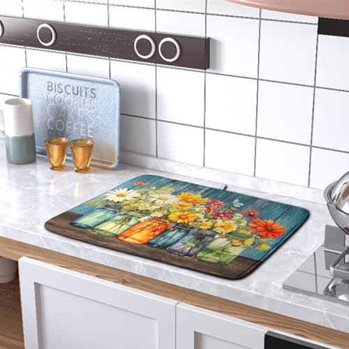 Daisy Dish Drying Mat for Kitchen Counter 18x24 Inch Rustic Vintage Flower Vases Drying Mats Microfiber Absorbent Dishes Drainer Mats Farmhouse Floral Wooden Board Dish Rack Pad (Daisy Vases / 18" x 24")