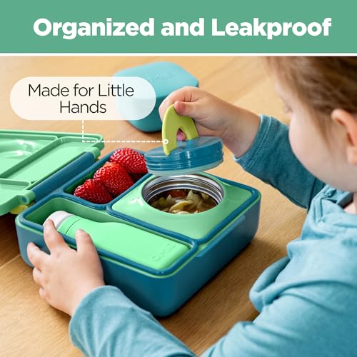 OmieBox Kids Insulated Leakproof Bento Lunch Box with Food Jar (8.5 Ounces / Meadow)