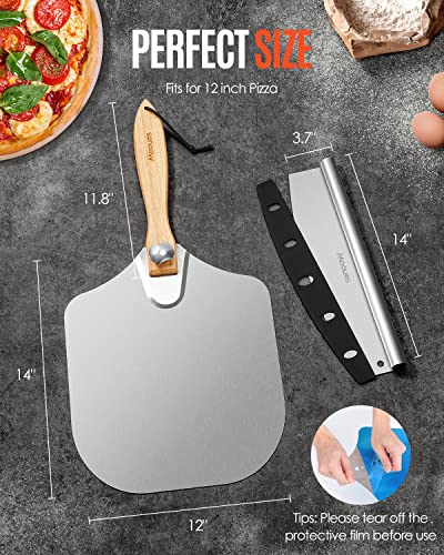 Pizza Peel Aluminum 12 inch Pizza Spatula with Rocker Cutter (Pizza Peel 12"x 14" with Rocker Cutter)