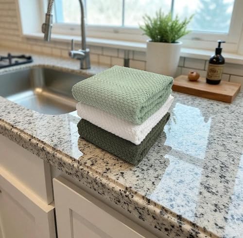 Sage White Dark Green Kitchen Dish Towels (Natural Greens)