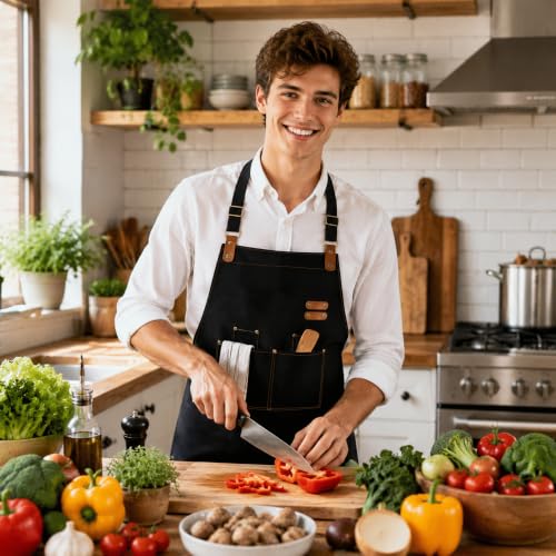 Chef Apron for Men Women with Pockets Adjustable Neck Strap (Black)