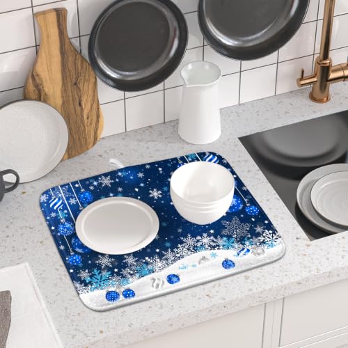 Xmas Blue Balls Dish Drying Mat for Kitchen Countertop 16x18inch (18" x 16")