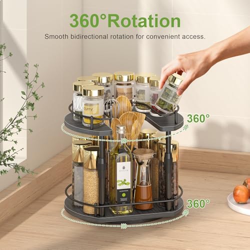 Lazy-Susan-Spice-Rack -Organizer For Cabinet With Adjustable Height, 12 inch Rotating Seasoning Holder Spice Organization For Pantry, 2-Tier Kitchen Counter Shelf Countertop Organizer (Grey / 10.43"D x 12"W x 13.19"H)