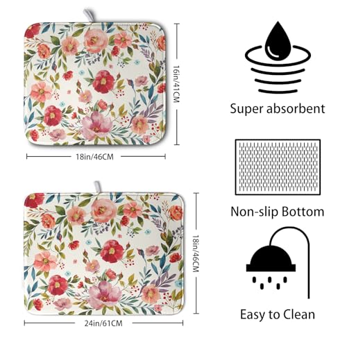 Floral Dish Drying Mat for Kitchen Counter Absorbent Microfiber Dishes Drying Pad Cute Flowers Dish Drainer Rack Mats Washable Coffee Sink Mat Extra Large 18"x24" Dish Mat (Floral Pink Red / 18" x 24")
