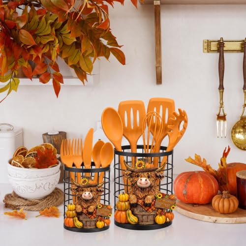 2 Pcs Fall Pumpkin Utensil Holder Highland Cow Decor (Fall)