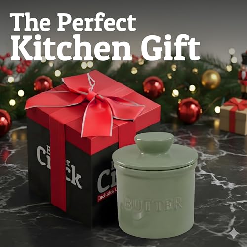 Butter Crock with Lid for Countertop with Spreader Knife and Water Line (Sage / Regular)