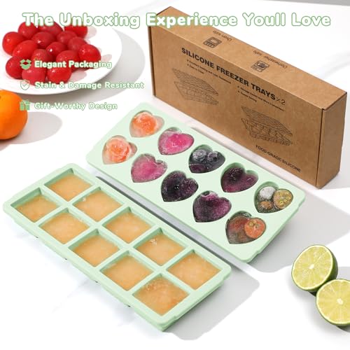 Ice Cube Trays for Freezer with Lids (10Square & Heart-Matcha Green)