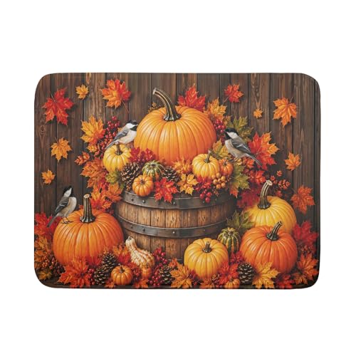 Autumn Dish Drying Mat for Kitchen Countertop Fall Pumpkin Maple Leaf Birds Dish Drainer Mats 18x24inch Rustic Wood Board Grain Dish Drying Rack Pad Protector for Dining Seasonal Decor (24" x 18")