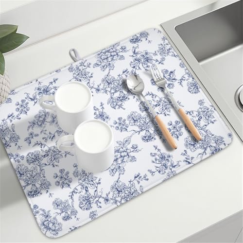 Blue Floral Dish Drying Mat for Kitchen Counter Chinoiserie Flower Microfiber Dish Drainer Mat Vintage Rustic Elegant Absorbent Washable Drying Pad Extra Large 18"x24" (Elegant Blue Flower / 24" x 18")