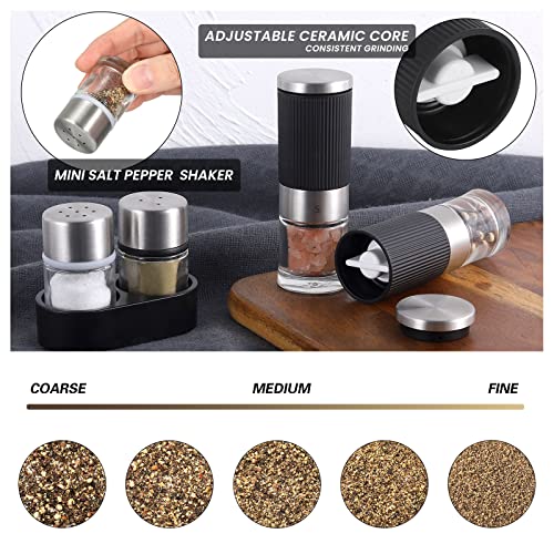 Mini Salt and Pepper Grinder set with 2 Small Salt and Pepper Shakers Portable Cute Tiny Spice Grinder Pepper Mill Salt Grinder for Travel (Black)