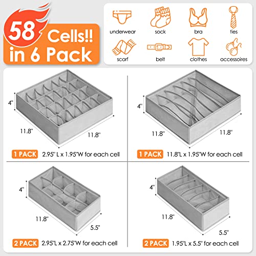 6 Pack Sock Underwear Drawer Organizer Dividers (6 Pack / Grey)