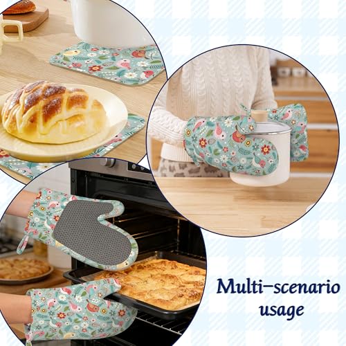 Birds Floral Potholders & Oven Mitts Sets Colourful Flowers Silicone Heat Resistant Oven Mits and Hot Pads Non (Birds Floral,colourful Flowers)