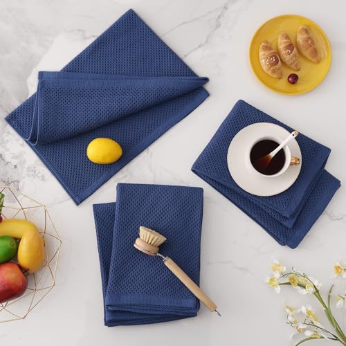 100% Cotton Oversized Waffle Weave Kitchen Towels 4 (Navy Blue / 20 X 28 - 4 Pack)