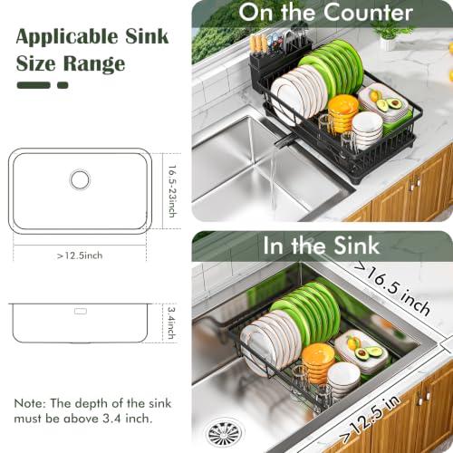 Dish Drying Rack for Small Kitchen Counter with Utensil Holder (Black)