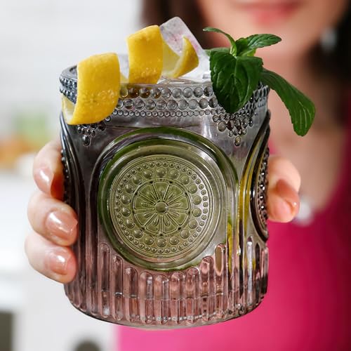 Ribbed Retro Arch Floral Smoke Grey Drinking Glasses Set of 6 (10 oz / Smoke Grey)
