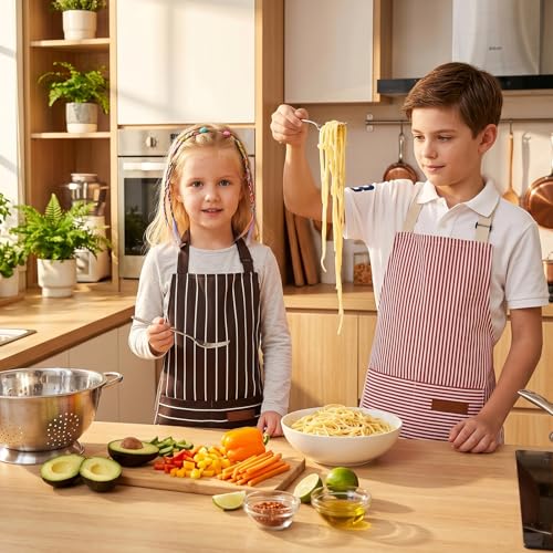 2 Pack Stripes Kid's Apron with 2 Pockets (55x65cm / Brown Wide Striped, Red Thin Stripes)