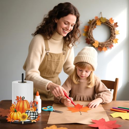 Fall Paper Towel Holder Thanksgiving Pumpkin Floral Kitchen Decor Leaves Sunflower Metal Towel Stand Autumn Decoration Accessory for Harvest Party Home Kitchen Countertop