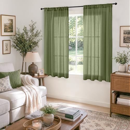 Green Linen Curtains 48 Inches Long for Short Bedroom (Olive Green / 42"W x 48"L (Pack of 2))