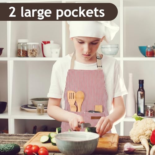 2 Pack Stripes Kid's Apron with 2 Pockets (55x65cm / Brown Wide Striped, Red Thin Stripes)