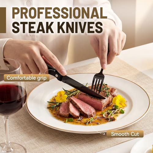 72 PCS NO FADING Black Silverware Set with Steak Knives (Black / 72 Pack for 12)