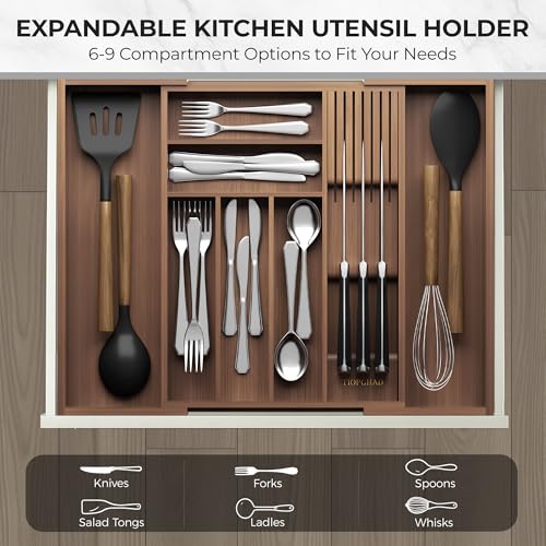 Expandable Bamboo Silverware Organizer with Knife Block (Brown / Large)