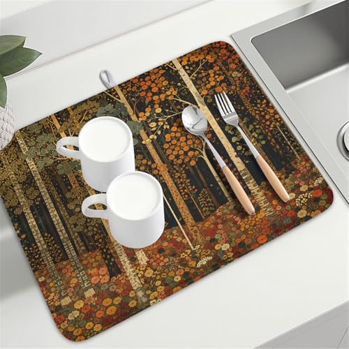Fall Dish Drying Mat for Kitchen Counter Autumn Forest Vintage Botanical Nature Microfiber Dish Drainer Mat Antique Rustic Farmhouse Absorbent Washable Drying Pad 18"x24" (Fall Forest / 24" x 18")