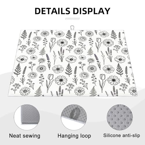 Black and White Floral Aesthetics Dish Drying Mat (Black/White / 24" x 18")