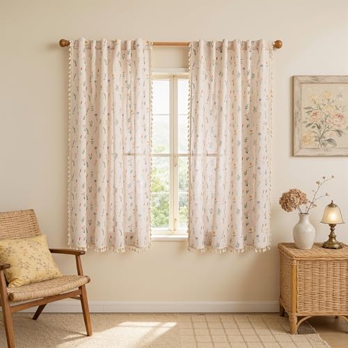 Floral Semi Sheer Curtains 63 Inch Length 2 Panels Linen Blend Spring Farmhouse Drapes with Tassel Back Tab for Girls Bedroom Nursery Vintage Rustic Flower Patterned (Flesh Pink / 50"W x 63"L (Pack of 2))