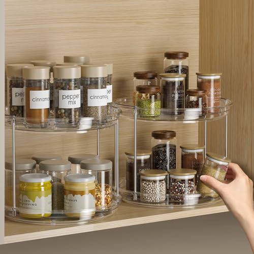 2 Pack 2 Tier Lazy Susan Turntable Organizer 9.25'' Rotating Spice Rack Organization for Cabinet (Clear / 9.25in 2 Pack)