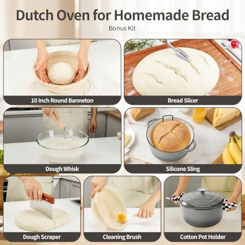 Enameled Cast Iron Dutch Oven pot 6.5 QT with Lid for Bread Baking (Gray)