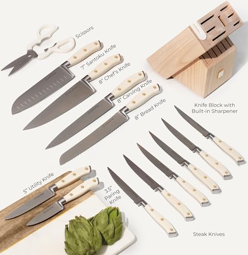 White Knife Set with Block and Sharpener (White Handle with Gold Rivets, Silver Blade & Ashwood Block)