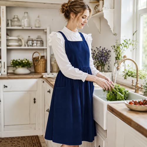 Cotton Linen Apron Cross Back Apron for Women with Pockets Pinafore Dress (Navy Blue)