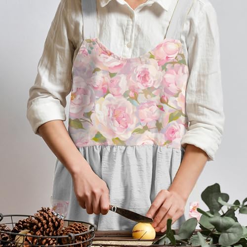 Women Cotton Linen Apron Soft Bib Smock Work Apron Pinafore Dress for Cooking (Flora White)