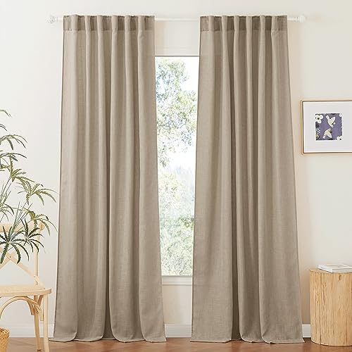 Linen Semi Sheer Curtains for Bedroom Living Room 95 inches Long (Khaki / 52"W x 95"L (Pack of 2))