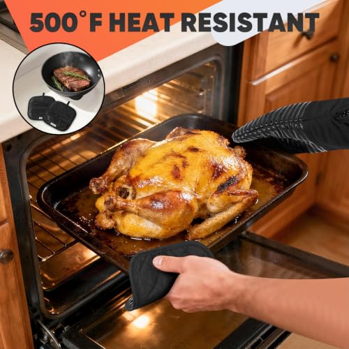 Oven Mitts Kitchen Towels and Dishcloths with Pot Holders Sets (Black)