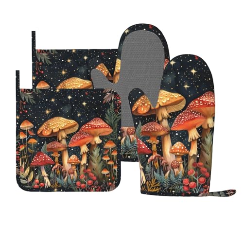 Oven Mitts and Pot Holders Mushroom Forest Vintage Silicone Kitchen Accessories Set of 4 Heat Resistant Long Gloves Potholder Non (A0632111)