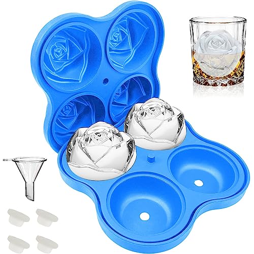 Rose Ice Cube Tray 2.5 Inch [1 Mold + 1 Funnel + 4 Stoppers] (Four 2.5-inch Rose Ice (Blue) / 1 Pack Rose Ice Cube Tray)