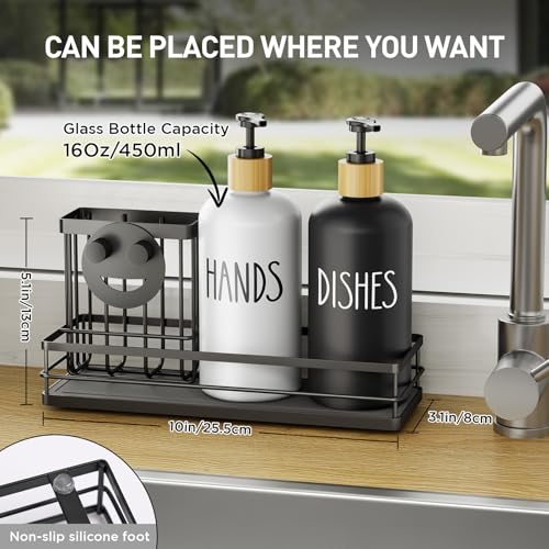 Kitchen Dish Soap Dispenser Set (Black Tray+black&white Bottle)
