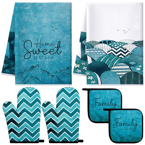 6 Pcs Boho Mountains Kitchen Towels Oven Mitts and Pot Holders Set Decorative Dish Towels Tea Washcloth Non Slip Heat Resistant Oven Gloves for Summer Home Cooking Baking (Turquoise / Boho Mountains)