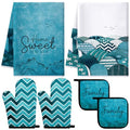 6 Pcs Boho Mountains Kitchen Towels Oven Mitts and Pot Holders Set Decorative Dish Towels Tea Washcloth Non Slip Heat Resistant Oven Gloves for Summer Home Cooking Baking (Turquoise / Boho Mountains)