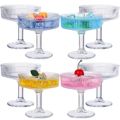 8 Pcs Ribbed Vintage Coupe Glasses 7 oz Martini Glasses Champagne Coupe Classic Cocktail Glassware Reusable Ribbed Glassware for Cocktail Martini European Style (Clear)