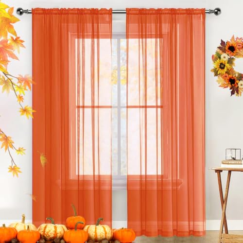 Sheer Voile Window Treatment Rod Pocket Curtain Panels for Kitchen Bedroom Living Room Drapes Sunlight Filtering Privacy Semi Home Decor Assorted (Burnt Orange / 52"W x 84"L (Pack of 2))