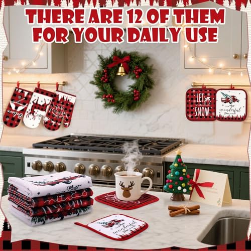 12 Pcs Christmas Kitchen Accessories Set Buffalo Plaid Style (Brief Christmas)