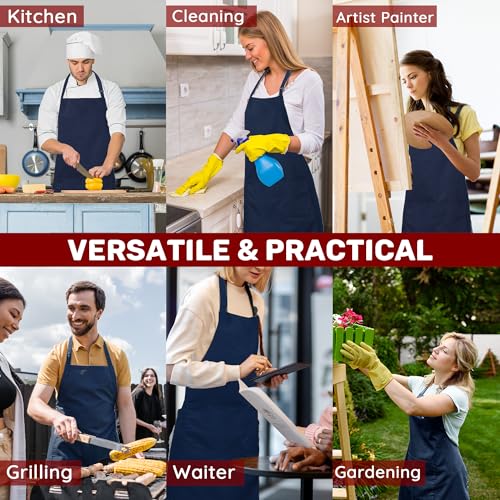 2 Pack Plus Size Waterproof Chef Apron with 2 Pockets for Men Women (Navy Blue)