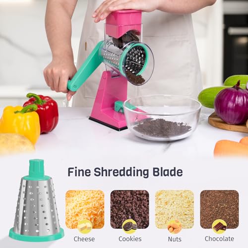 Upgraded Rotary Cheese Grater with 3 Interchangeable Stainless Steel Drums (Rose-red & Green)