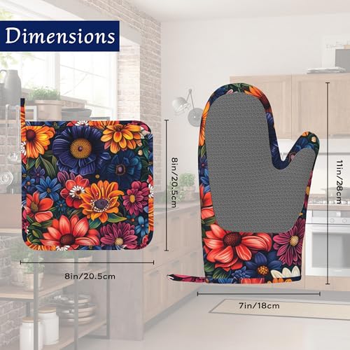 Colourful Flowers Potholders & Oven Mitts Sets Spring Floral Silicone Heat Resistant Oven Mits and Hot Pads Non (Colourful Flowers,spring Floral)