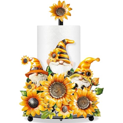 Sunflower Paper Towel Holder Summer Sunflower Gnome Kitchen Decor and Accessories Rustic Farmhouse Dispenser Kitchen Paper Holder Stand with Round Base for Countertop Toilet Home Accessories (Sunflower)