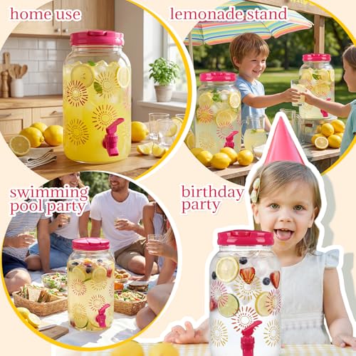 2 Pcs 1 Gallon Plastic Beverage Dispenser with Spigot Clear Summer Kitchen Fridge Drink Dispenser for Parties Lemonade Juice Tea Beer Cold Water (Hot Pink / Sun)