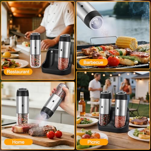 Rechargeable Gravity Electric Salt Grinder Set (Stainless Steel with Charging Base)