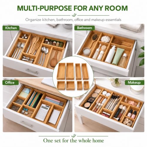8 Pcs Bamboo drawer Organizer Storage Box